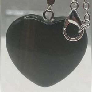 Striped tigers, eye, Heart Pendant Necklace with 24 inch plated, silver chain